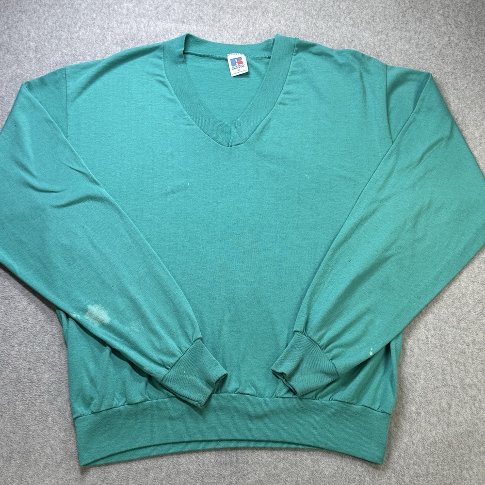 Vintage Russell Athletic V-Neck LS T-Shirt Teal 80s 90s USA Made Single Stitch M